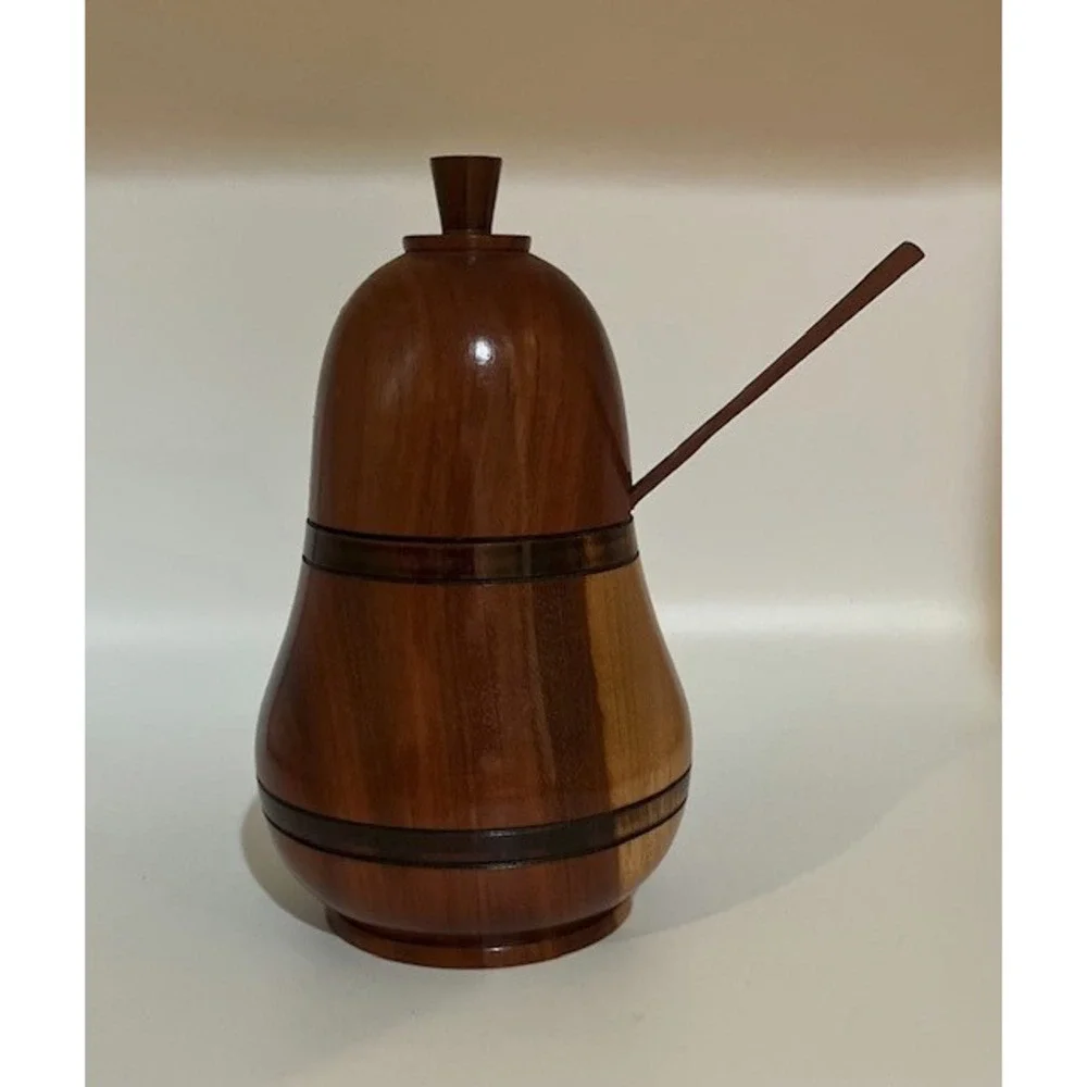 Inlaid Teak Wood Honey or‎ Jam Pot Pear Shaped Handcrafted 7